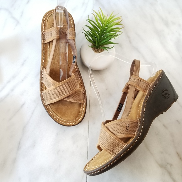 UGG Shoes - UGG Wedge Sandals Slingback Strap Tan Wedge Heels
